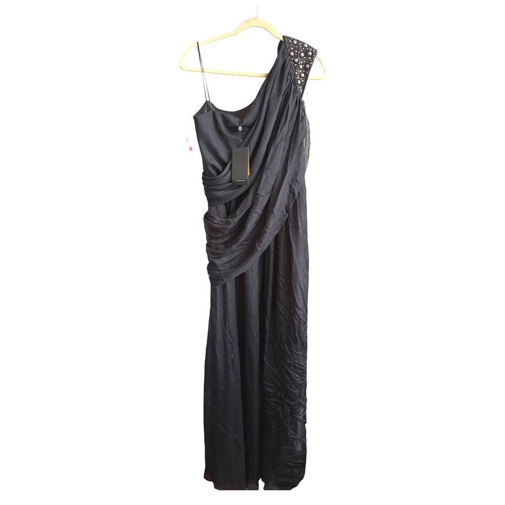 A.B.S. by Allen Schwartz Gown Black Studded One Shoulder Drape Evening Dress NWT